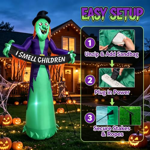 8FT Inflatable Halloween Witch Decor with LED Lights - Greenish Purple Variation