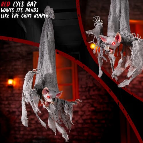 Halloween Animatronics 36in Reaper Bat - Spooky Hanging Animal Prop with Light Up Eyes & Sound