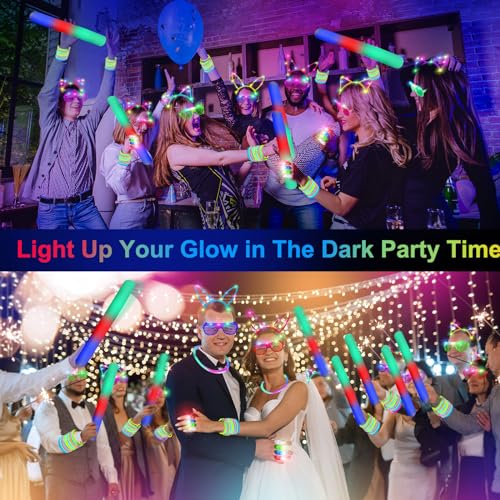 Glow in the Dark Party Supplies Set with LED Glasses, Foam Sticks & Headbands for Events