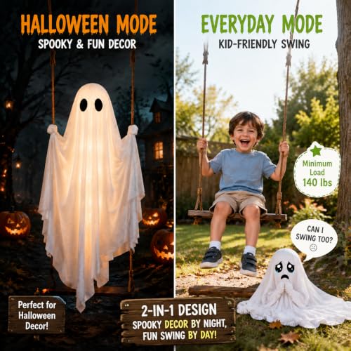 Lighted 5FT Outdoor Swinging Ghost Decor with Witch Hat - Halloween Yard Display