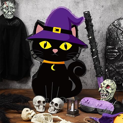 Halloween Cat Piñata with Bat Stick and Blindfold - Party Game Decor