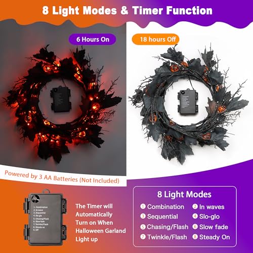 9FT Halloween Willow Vine Garland with Pumpkin & Orange Lights - Black, 8 Modes, Waterproof, Indoor Decor - Orange