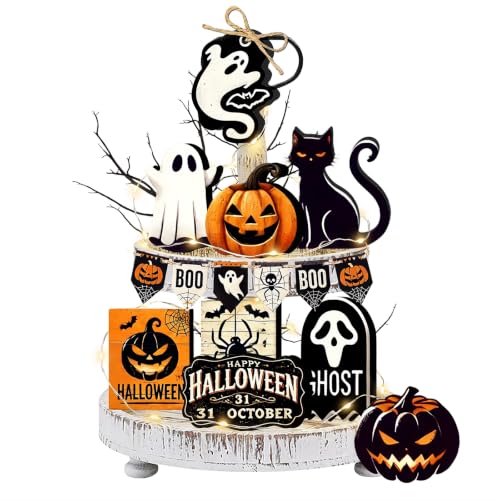 Halloween Tiered Tray Decorations Set - 17 Pc Self-Standing Wooden Signs & Light String