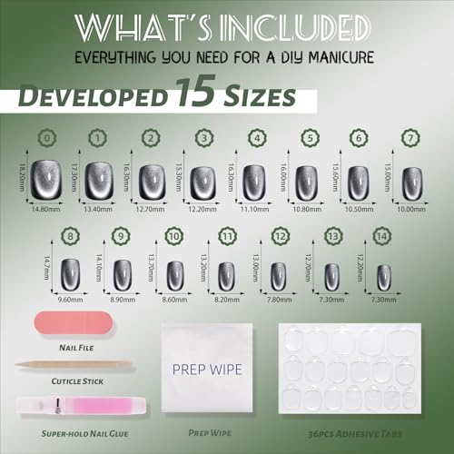 SEEWEE Cat Eye Black Press On Nails Short Square - Silver Nocturne Variation
