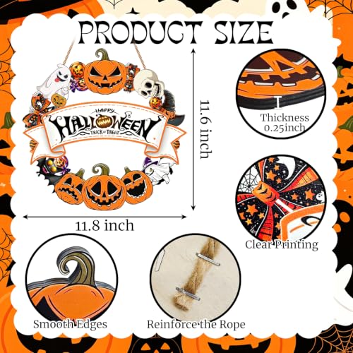 Halloween Wooden Wreath for Front Door - Spooky Decor with Ghosts Bats & Pumpkins