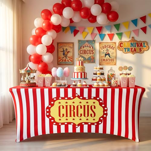 Moukeren Carnival Spandex Table Cloth - Red & White Circus 6ft
