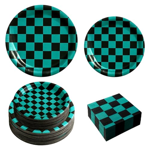 Party Checkered Plates and Napkins Set - 150 Pcs Green & Black