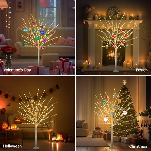 4Ft Lighted Birch Tree Set with 880 LEDs & 8 Modes - Indoor Outdoor Xmas Decor - 2 Pack