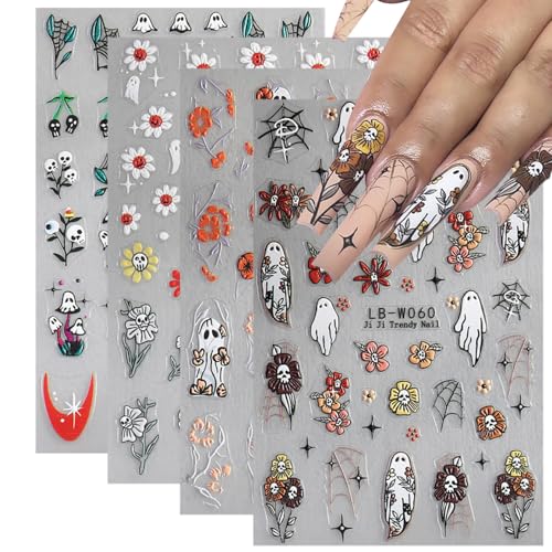 Halloween Ghost Nail Stickers 4 Sheets with Flower & Spider Web Designs - DIY Nail Art Decals