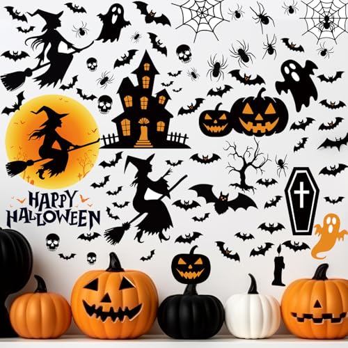Halloween Witch Wall Sticker Decals - 6 Sheets, Spooky Ghost Bat Pumpkin