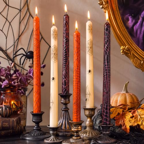 Halloween Spider Web Taper Candles Bulk Set - Spooky Decor, 10 Inch, 3 Colors