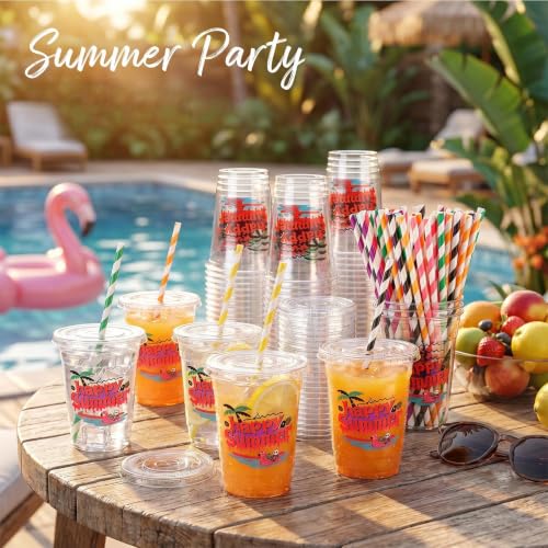 Happy Summer Halloween Disposable Plastic Cups Set - 100 Count with Lids & Striped Straws