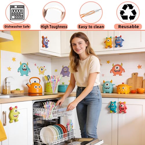 Reusable Monster Drinking Straws Set - 24 Colorful Kid & Party Favours
