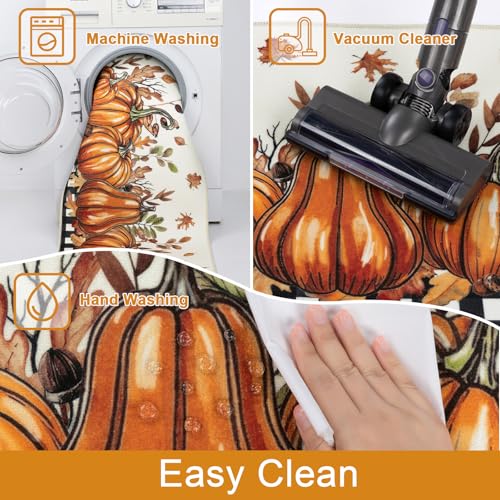 Fall Kitchen Rugs Set of 3 - Washable Pumpkin Runner Rug with Dwarf Pumpkins Variation