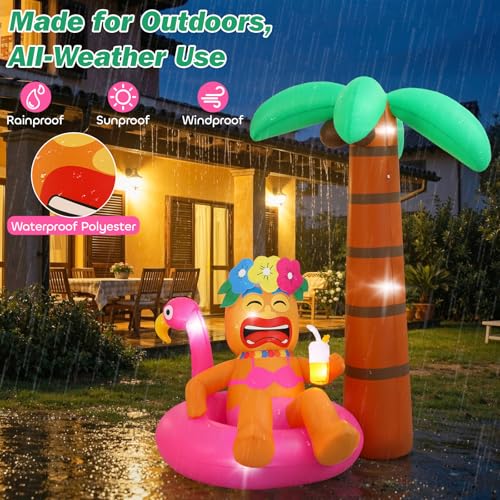 Magenta Inflatable Tiki Luau Decor with Flamingo and Coconut Palms - 6FT Outdoor Party Decoration