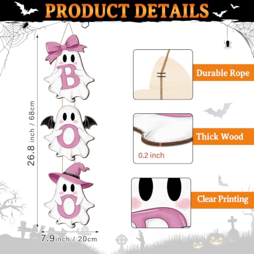 Halloween Pink Ghost Door Sign Decorations - Boo Wreath Hanger with 3 Plaques