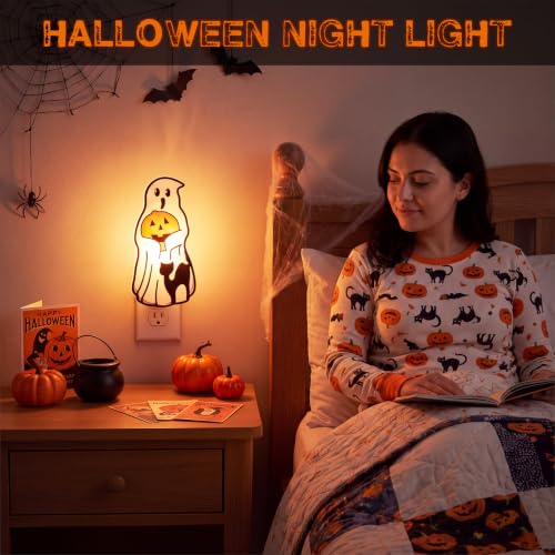2 Pack Ghost and Pumpkin Night Lights - 5 Inch Halloween Decor with Replaceable Bulbs