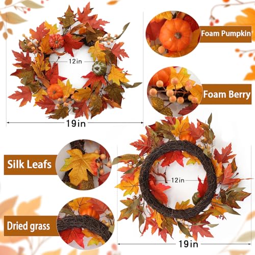 Fall Wreath for Front Door - 19 Inch Yellow Autumn Pumpkin Maple Leaves