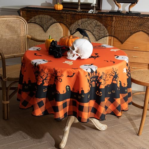 Halloween Tablecloth 60 Inch Round Castle Ghost Decor Orange Fabric