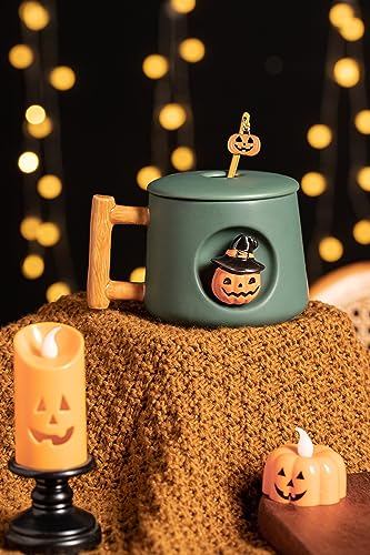HalloweenG Adorable 3D Ceramic Pumpkin Head Mug with Lid & Spoon - 14oz