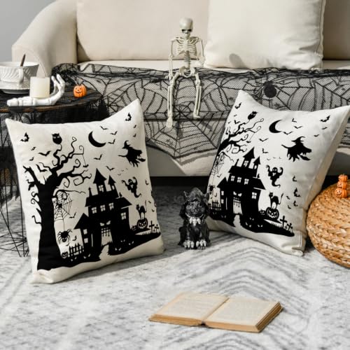 Halloween Dead Tree Haunted House Throw Pillow Covers 18x18 Inch - Pack of 2, White