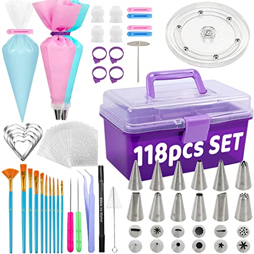 Cookie Decorating Kit 118pcs with Turntable & Icing Tips - Baking Supplies Gift Set