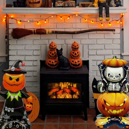 Halloween Stackable Foil Pumpkins & Skeleton Balloons Set - Reusable Party Decor