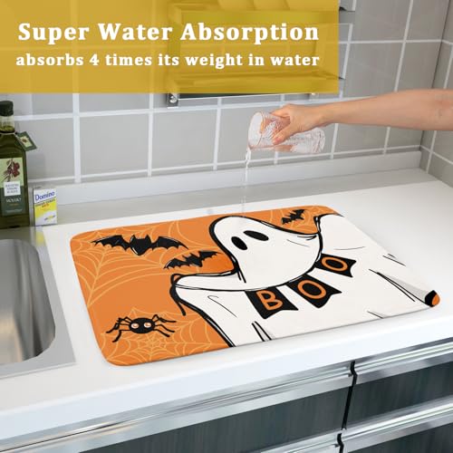 Halloween Dish Drying Mat - Boo Orange Ghost & Bats, 24x18 Inches, Reversible Microfiber Kitchen Protector