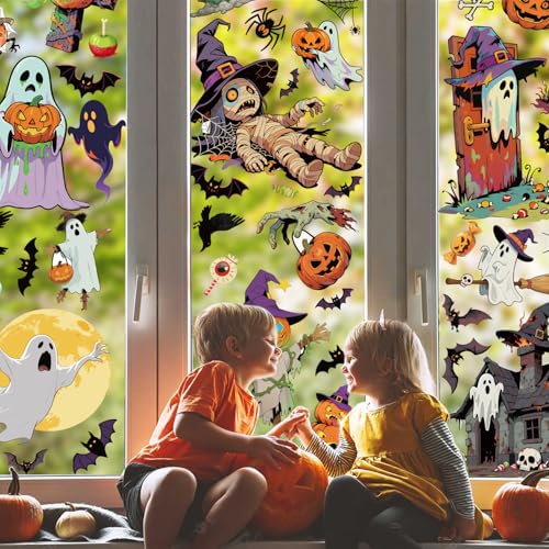 Halloween Window Clings Decals Set - 9 Sheets with Ghosts Pumpkins Bats