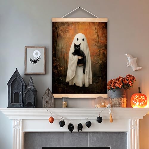 Gothic Ghost and Black Cat Wall Art Poster - Rustic Linen Canvas 18.5x14 Inch - Black Variation BLK05
