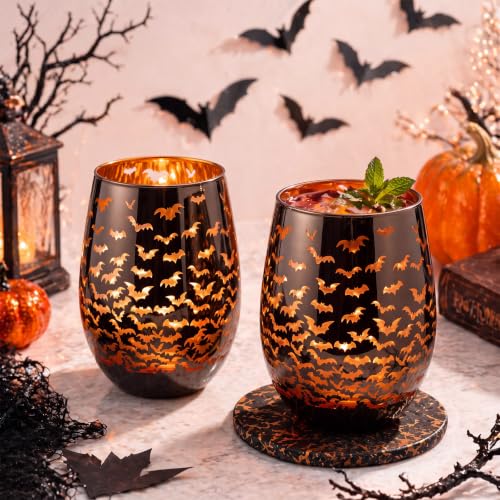 Halloween Bat Wine Glass Set - 2 Black and Orange 16oz Stemless Cocktail Glasses