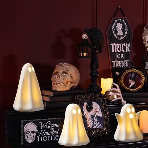 Halloween Ghost Decor Set - Light Up Ceramic Ghosts with Timer - Indoor Halloween Decorations - Variation of THIS listing