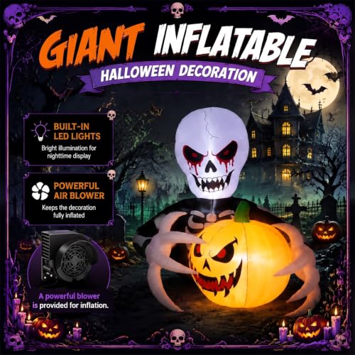 7FT Halloween Skeleton Reaper Inflatable with Jack-o'-Lantern & LED Lights — Outdoor Yard Decor