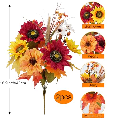 Red Fall Flowers Bundle for Cemetery Graves Artificial Sunflowers & Peony