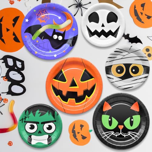 Halloween Party Plates Set - 48 Disposable Paper Plates with Cat, Pumpkin, Bat & Skull Designs