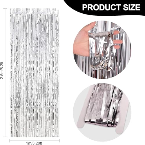 Silver Metallic Foil Fringe Curtains - 24 Pack, 3.2ft x 8.2ft, Decorative Party Backdrop