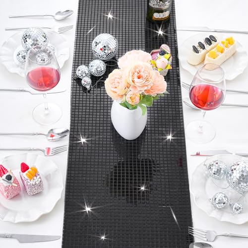 Black Disco Party Table Runners 6 Pack 12x72 Inches - Sequin & Polyester
