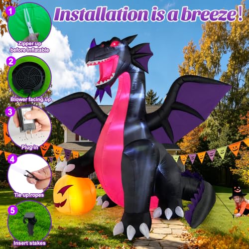 Purple 12FT Halloween Inflatable Dragon with Pumpkin Outdoor Decoration