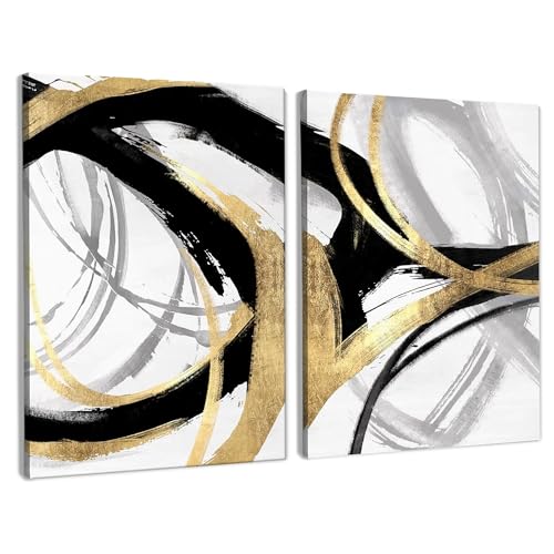 BearCake Black Gold and White Wall Art Set of 2 - 11x14 Inches Framed Abstract Decor - Motifs Black Gold White Variation