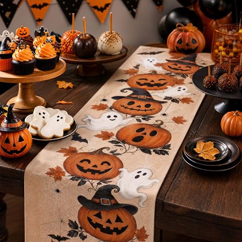Halloween Pumpkin Ghost Fall Table Runner 13x72 Inch for Autumn Dining Decor - Variation of Pumpkin