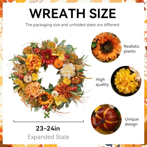 Artificial Fall Wreath for Front Door - Orange Peony & Pumpkins - Harvest Seasonal Decor