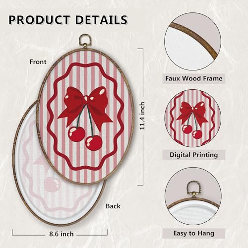 Preppy Red Cherry Bow Wall Art Decor - Oval Canvas, 11.4 x 8.6 inches