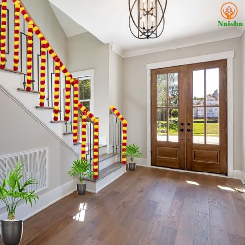 Artificial Marigold Garland 5Ft Red and Yellow Flower Decor Set - Party & Wedding