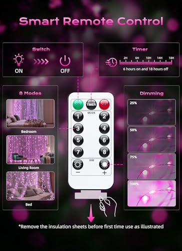 Pink Fairy Curtain String Lights - 300 LEDs, 9.8ft x 9.8ft, 8 Modes, Remote & Timer