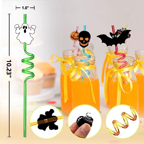 Halloween Crazy Straws Set - 24pcs with Pumpkin Ghost Bat Designs & 8 Colors + 2 Brushes