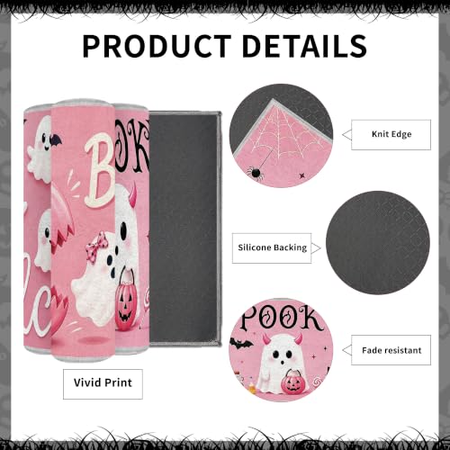Pink Halloween Ghost Kitchen Rugs Set — 3 Pieces, 16x28 & 16x47 Inches, Ghost & Pumpkin Decor, Seasonal Floor Mat