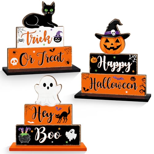 Halloween Wooden Table Signs Set - Ghost Pumpkin Bat Black Cat Decor - 3 Pieces