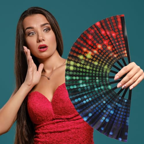 Large Neon Light Folding Hand Fan for Festivals & Dance - Popping Rave Fan with Neon Light Variation