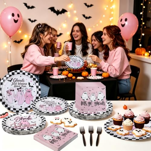 Pink Ghost Girl Night Halloween Party Tableware Set for 25 Guests - Disposable Plates & Napkins - Rokochoes