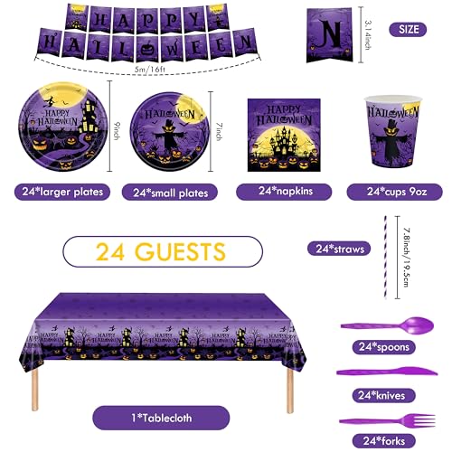 Purple Halloween Party Decorations Set - Banner, Tablecloth, Plates & Cups for 24 Guests
